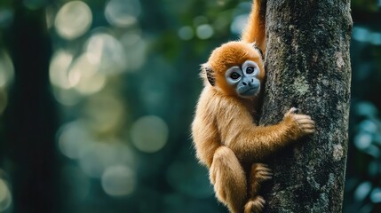 Obraz premium A Chinese golden monkey climbing a tree, with ample copy space in the forest backdrop.