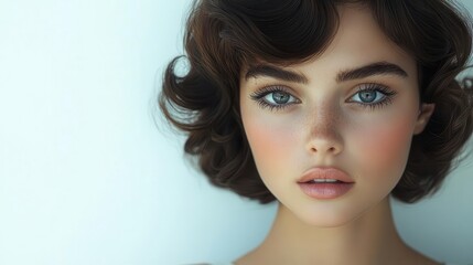 Naklejka premium radiant 50s woman with flawless skin gracefully posing against a clean white backdrop embodying skin care elegance and the essence of beauty products in a serene atmosphere