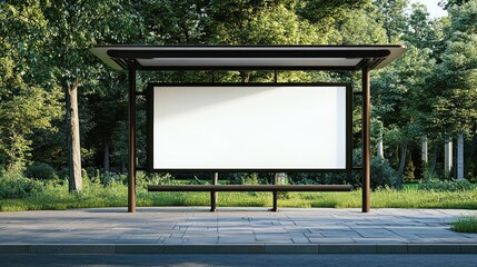 Fototapeta premium A white blank advertising billboard on a bus shelter, with green park scenery in the background, providing a calm, outdoor space for marketing mockups or promotional designs.