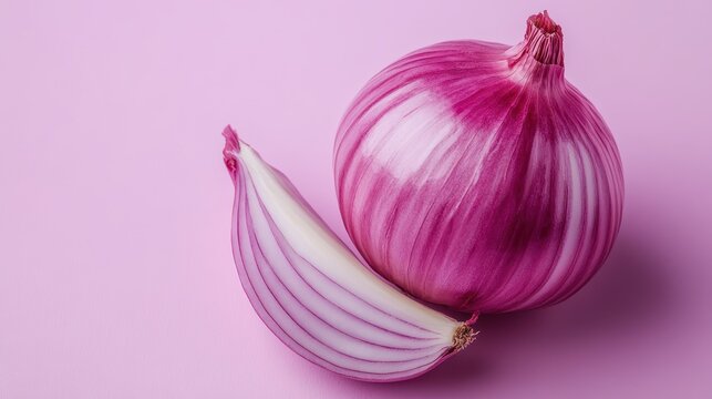 A whole red onion and a single slice displayed on a soft pink backdrop, emphasizing the vibrancy and natural texture of the onion in a visually pleasing composition.