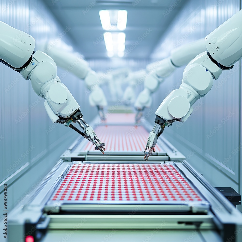 Poster a futuristic manufacturing scene featuring robotic arms working in a precision assembly line with re