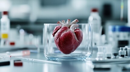 A human heart model is submerged in a clear glass container in a laboratory setting, surrounded by scientific tools, embodying detailed medical research and conservation efforts.