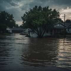 Fototapeta premium Heavy rains lead to catastrophic flooding in urban areas with streets and properties submerged