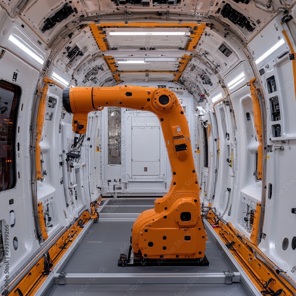 Poster a robotic arm in a modern industrial setting, designed for precision tasks, showcasing advanced auto
