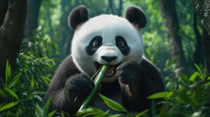 Obraz premium A giant panda chewing bamboo in a Chinese forest, with room for copy space in the background.