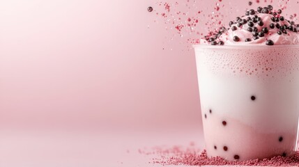A pink and white milkshake topped with sprinkles and powder, set against a pastel pink background. The milkshake has a frothy and bubbly texture, enhancing its appeal.