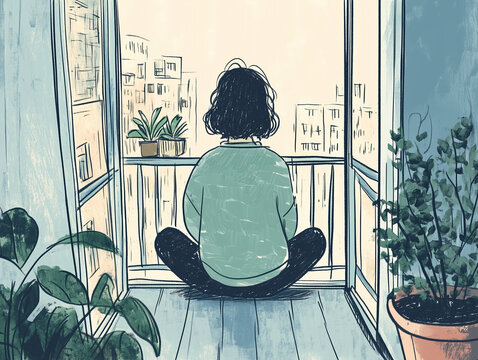 A hand-drawn illustration of a person sitting on a balcony, practising deep breathing exercises