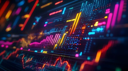 Obraz premium Vibrant digital screen displaying real time market data with dynamic line graphs bar charts and other analytical visualizations capturing the essence of financial trading and investment