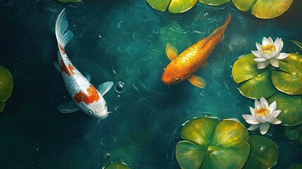 A Japanese koi fish swimming in a pond with lily pads, leaving room for copy space in the water.