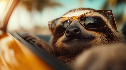 Obraz premium This sloth, donning orange sunglasses, leans out of the car window, soaking up the sunshine and epitomizing carefree and cool vibes during a relaxing drive.