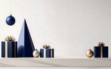 Festive display featuring geometric tree sculptures, blue and gold gift boxes, and elegant ornaments, modern holiday luxury