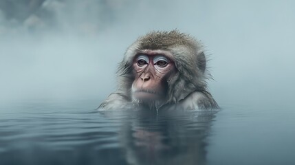 Fototapeta premium A Japanese macaque lounging in the hot spring, with ample copy space in the surrounding mist.