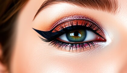 Fototapeta premium A striking macro photograph of winged eyeliner paired with metallic eyeshadow, highlighting the sharpness of the wing and the reflective quality of the shadow. 