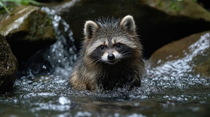 Fototapeta premium A Japanese raccoon dog playing in a stream, leaving room for copy text in the water.