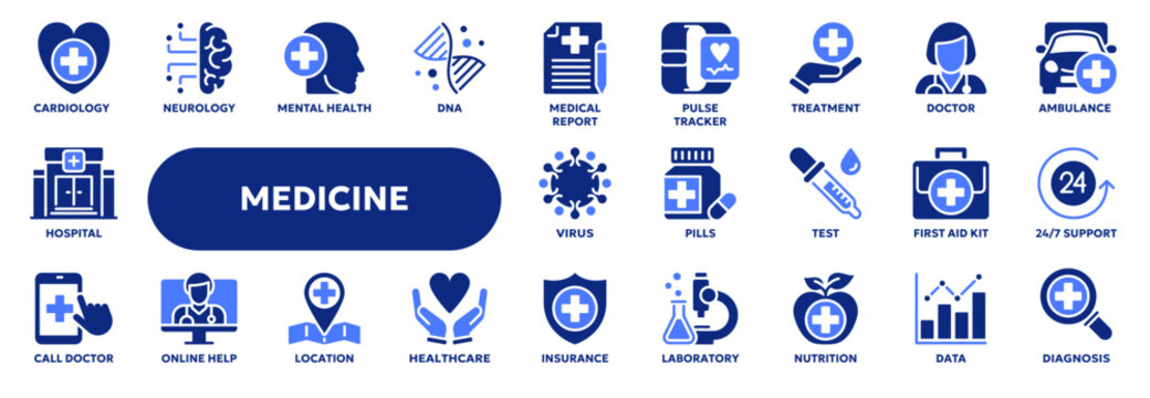 Set of vector solid icons related to healthcare and medicine, first aid, pharmacy. Symbols for website or app ui, logo design, illustration