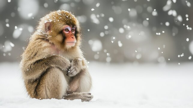 A Japanese macaque sitting in the snow, with room for copy space in the sky.