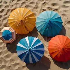 Colorful beach umbrellas arranged on sandy shore with interesting patterns and textures
