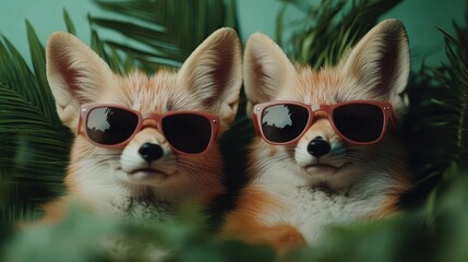 Two adorable foxes wear matching trendy sunglasses among lush green foliage, creating a whimsical juxtaposition of wild animals and human fashion accessories.