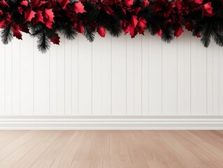 Elegant holiday-themed decorations with red and black foliage against a clean white wall and wooden floor, ideal for festive settings.
