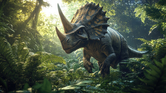 Fototapeta A majestic dinosaur resembling the triceratops from the original image, standing in a dense, prehistoric jungle, lush ferns and giant leaves around it