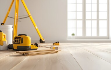 Fototapeta premium Home renovation in progress with a worker installing new wood flooring, modern tools and materials in a well-lit space