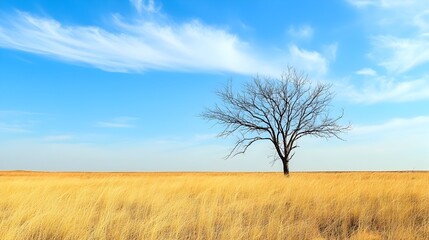 Fototapeta premium Solitary dry tree standing tall and proud in the midst of a vast grassy field its bare branches reaching towards the bright blue sky above as the golden grass sways gently in the breeze