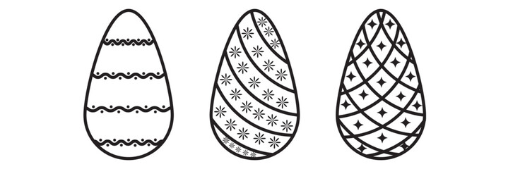 Easter eggs set. Spring linear egg icons with different pattern decoration. Doodle style Easter illustration pack for card, invitation, print, sticker, banner, poster. Vector black.