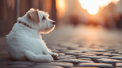 A small terrier dog with a collar sits attentively on a cobblestone street, looking at a glowing orangey sunset, creating a scene of anticipation and peace.