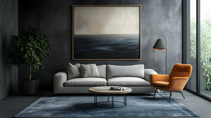 Modern Living Room Interior Design with Blue Rug and Abstract Art Illustration