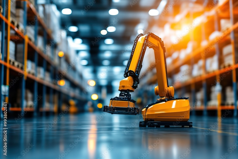 Poster yellow robotic arm in a warehouse setting, designed for automation and efficiency in logistics and m