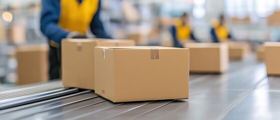 Workers handling brown cardboard boxes on a conveyor belt in a busy warehouse, illustrating logistics and distribution processes.