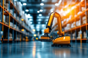 Fototapeta premium Yellow robotic arm in a warehouse setting, designed for automation and efficiency in logistics and manufacturing processes.