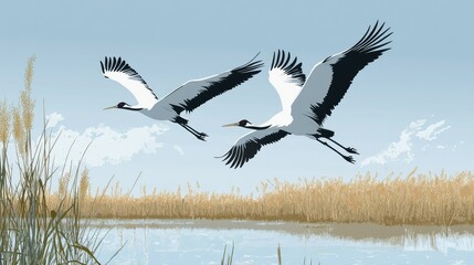 A pair of wild cranes flying over a wetland, with space for copy text in the sky.