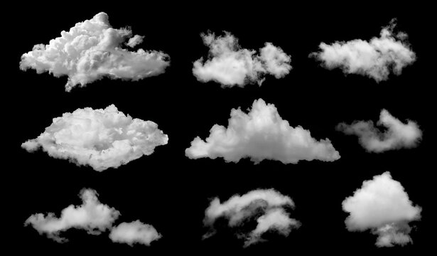 White clouds collection isolated on black background, cloud set on black. fluffy white cloudscape texture. Black sky nature background, cloudy, black and white, horizontal