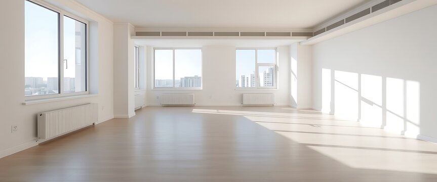 An image of a bright, empty apartment interior, showcasing a spacious, unfurnished living area with large windows that flood the room with natural light.	
