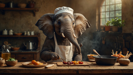 Elephant's chief cooking food wearing apron