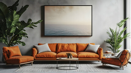 Modern Living Room Interior Design with Orange Sofa and Plants