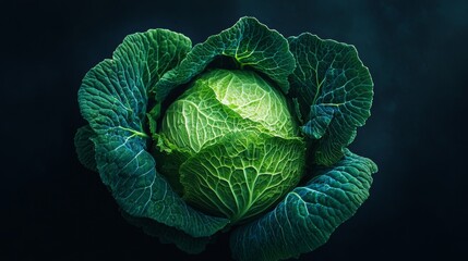 Fototapeta premium A crisp head of Chinese cabbage sits against a dark backdrop.