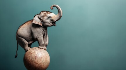 This whimsical image showcases a baby elephant expertly balancing on a ball with its trunk raised, set against a simple blue background, evoking a sense of playful charm.