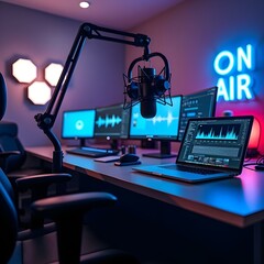 Futuristic Studio Setup with High-Tech Microphone, Multi-Monitor Laptop Display, and LED Lighting Perfect for Podcasting & Audio Production