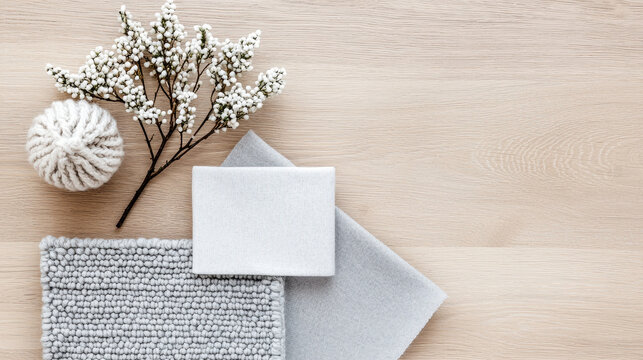 Stylish arrangement of textiles and floral elements on a wooden surface. Perfect for home decor and interior design inspiration. Scandinavian style mood board.