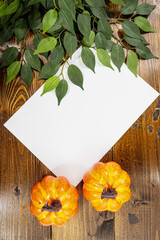 white sheet of paper on wooden background with halloween pumpkins and leaves