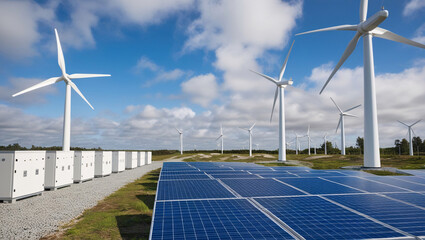 Concept of energy storage batteries system, wind power, wind turbines, green energy concept