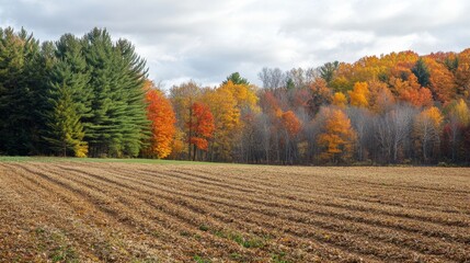 Naklejka premium A field used for farming sits beside an autumn forest. The colors of fall are all around in the countryside.
