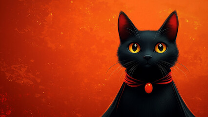 Obraz premium comic black cat on the side dressed for halloween with a red cape, isolated, free space on the side for lettering, abstract and clean background for text