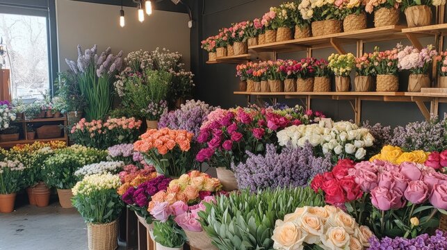A flower shop is filled with a beautiful selection of blooms, including lilacs, roses, narcissus, hyacinths, ranunculus, tulips, bush roses, chrysanthemums, eucalyptus, anemones, and peonies.