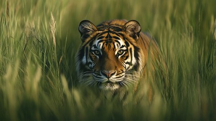 Fototapeta premium A Siberian tiger stalking through tall grass, leaving ample room for copy space in the background.