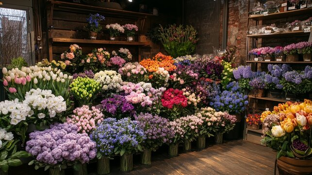 A flower shop is filled with a beautiful selection of blooms, including lilacs, roses, narcissus, hyacinths, ranunculus, tulips, bush roses, chrysanthemums, eucalyptus, anemones, and peonies.