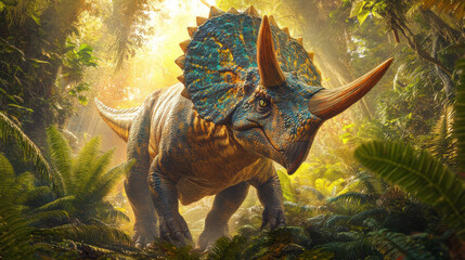 A majestic dinosaur resembling the triceratops from the original image, standing in a dense,...