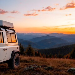 Off-road vehicle parked on a rugged mountain pass, stunning sunset view with pine forests and distant mountains, journey into the wild